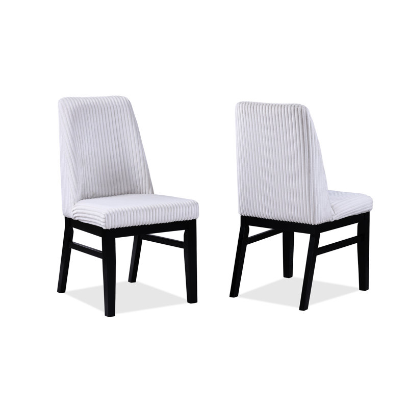 De 2 chaises de salle à manger rembourrées modernes, revêtement en tissu texturé blanc, dossier haut, structure en bois à finition noire, siège à dossier 2 pièces, pieds