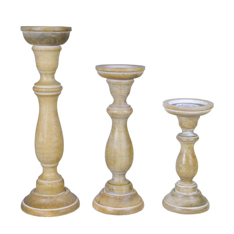 Mela Artisans Tuli Handcrafted Candleholder in Whitewash, Set of 3, Beige