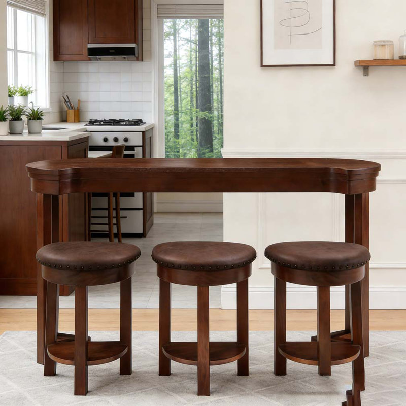 Ensemble de 4 tables de bar avec 3 tabourets de bar rembourrés en polyuréthane, Cerisier