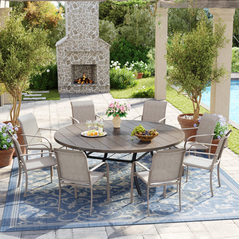 8-Person Round Patio Dining Set with 60" Dining Table and 8 Stackable PVC-coated polyester Chairs, Brush Wood Gray/Sandshell