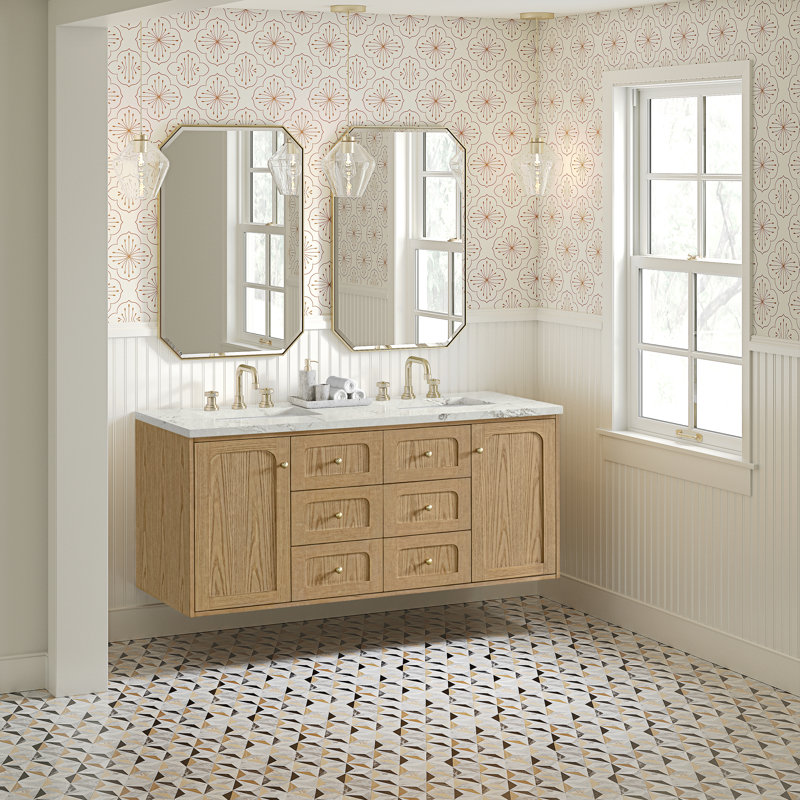 Laurent 60" Double Vanity, Light Natural Oak W/FreePower Wireless Charger, Victorian Silver, Light Natural Oak