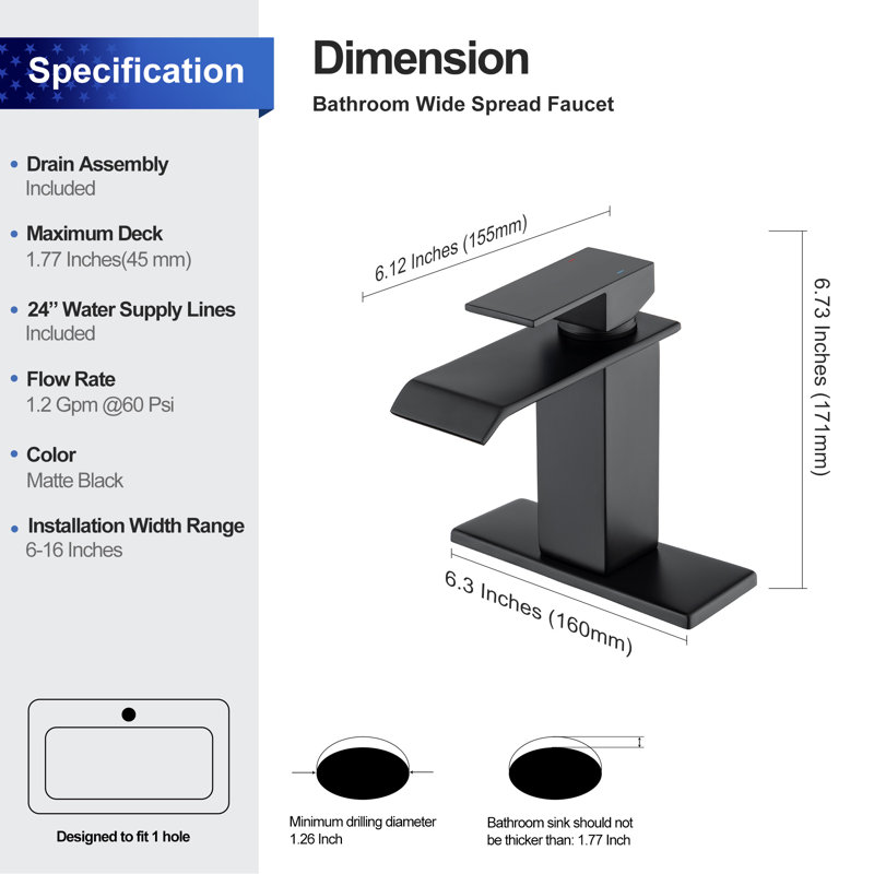 Single-Hole Single-handle Bathroom Faucet with Drain Assembly, Matte Black