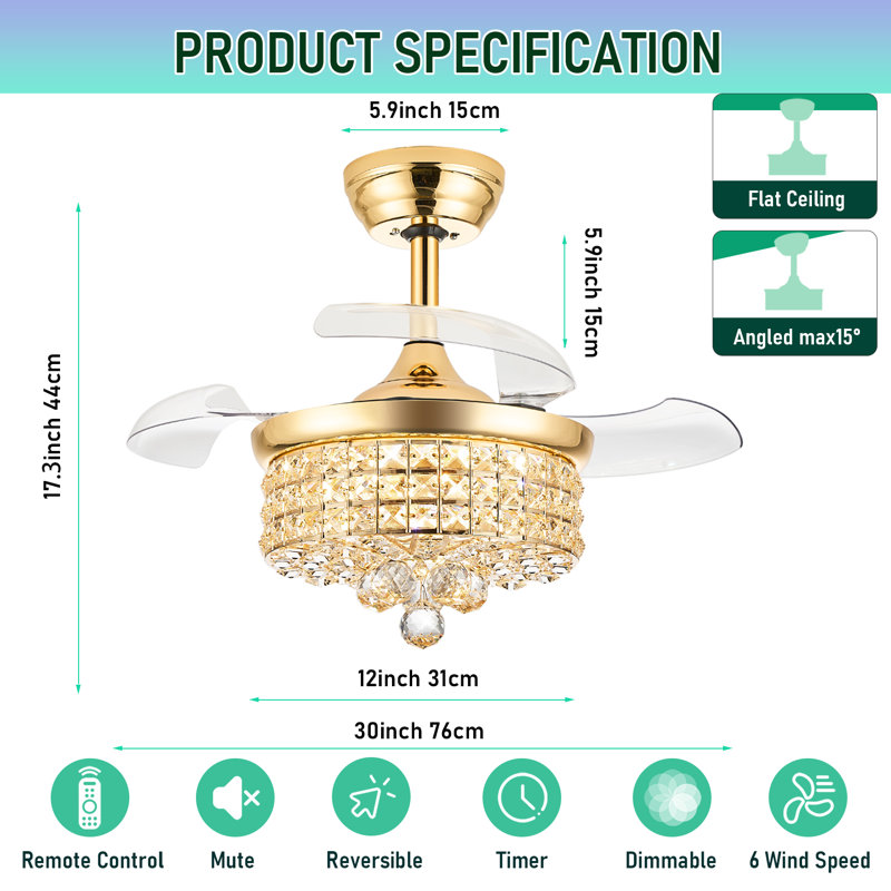 Lustre ventilateur de plafond 30 "en cristal rétractable RVB, Or