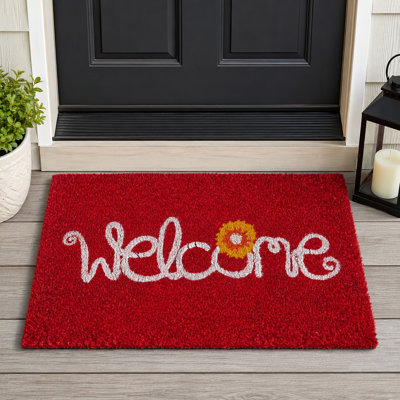 Tapis d'entrée robuste en fibre de coco naturelle rouge, motif floral – 43 x 74 cm