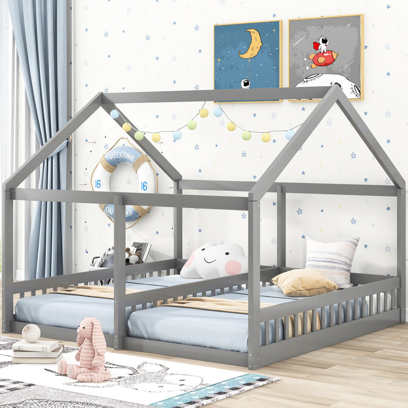 Lit plateforme simple 2 en 1, gris, solide et sécuritaire - fabriqué en bois de pin et avec garde-corps sécuritaire, Gris