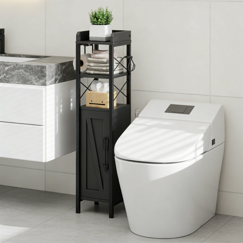 Rustic Brown Slim Toilet Paper Holder Cabinet With Shelves & Metal Racks