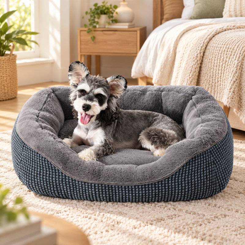 Plush Rectangular Bolster Pet Bed for Small Dogs and Cats, 20 Inch