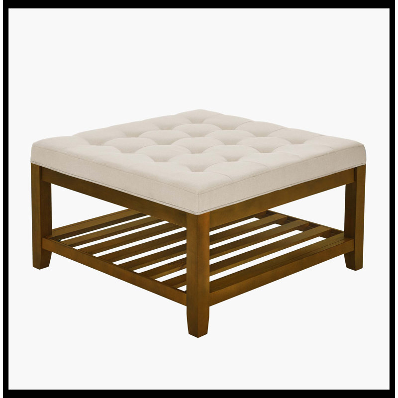 Grande table basse avec repose-pieds rembourré en lin capitonné avec tablette et cadre en bois de hêtre, repose-pieds surdimensionné pour salon, bureau, chambre à coucher, extérieur IVOIRE