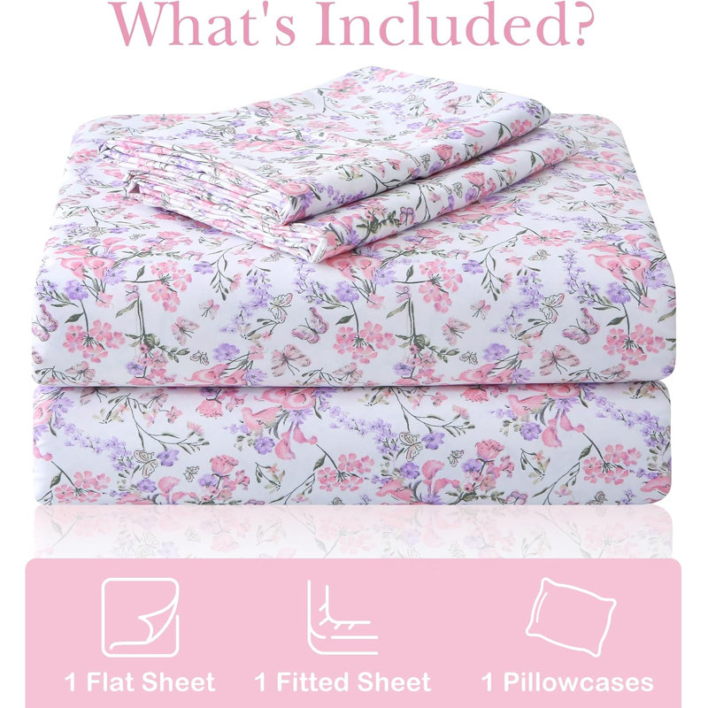 Ensemble de draps à fleurs roses Viviland pour lit King Size - 4 pièces en microfibre à motifs floraux, avec poches profondes de 38 cm, comprenant un joli ensemble de draps et taies d'oreiller à motifs floraux roses printaniers.