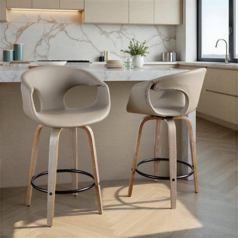 Tabouret de comptoir à hauteur fixe de 26 po avec pieds en bois cintré et repose-pieds rond Cassandra, Bois gris clair / noir