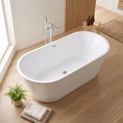 Baignoire autoportante contemporaine en acrylique blanc brillant, 170 cm x 81 cm, avec bonde chromée à robinet au pied