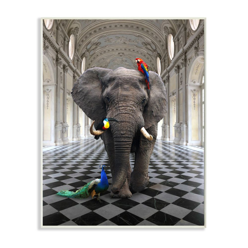 Éléphant et oiseaux tropicaux, conception de l'architecture classique par Daphne Polselli - impression d'art graphique