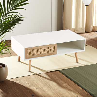 Table basse en rotin de 41,34 pouces avec porte coulissante, pieds en bois massif et design moderne pour le salon