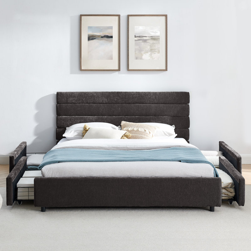  Structure de lit grand avec tête de lit rembourrée et 4 tiroirs de rangement, lit plateforme en tissu chenille, gris foncé