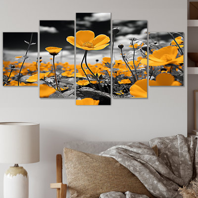 " Yellow Gray Golden Buttercups Black And White I " 5 - Pieces
