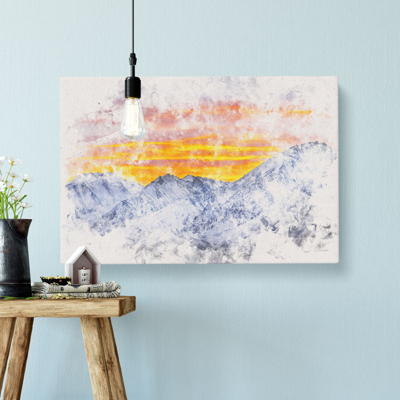 Snowy Mountain Under The Sun Watercolour - Wrapped Canvas Print, 60cm H x 91cm W x 3cm D