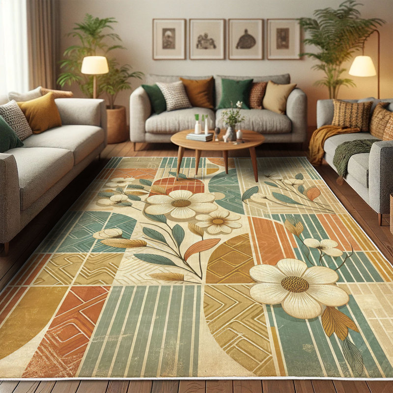 Pale Teal and Salmon Floral Synthetic Area Rug 2'5" x 5'