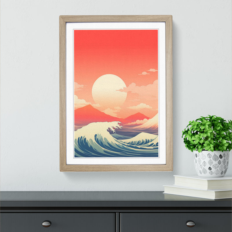 Wave Japanese Minimalism - Framed Print, 64cm H x 46cm W, Oak Framed