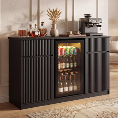 LAUSAINT HOME 55.1"W Coffee Bar Cabinet with Mini Fridge Space, Modern Wine Bar Cabinet with Glass Holder & Wine Rack, Large Sideboard Buffet Table for Kitchen, Dining Room & Living Room, Black