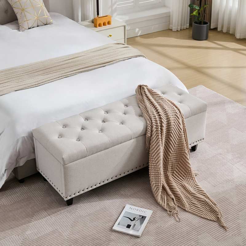Espana 51'' Upholstered Tufted Storage Ottoman, Beige Linen Blend