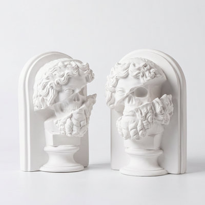 Set of 2 Roman Bust Bookends, Deconstructed Skull Face Sculpture Book Ends for Shelf and Desk Decor, Plaster Look Resin Book Supports