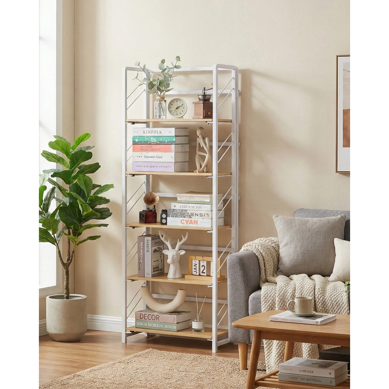Aucun assemblage requis - bibliothèque de bureau pliante à 5 niveaux - étagère de rangement de bibliothèque rétro - structure en métal robuste, organisateur peu encombrant - structure blanche avec bois naturel, cinq tablettes