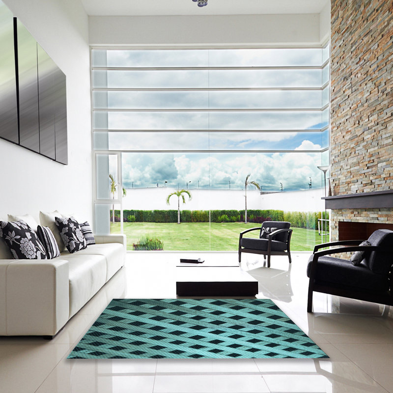 Tapis bleu sarcelle à motif géométrique, Carré 5 pi