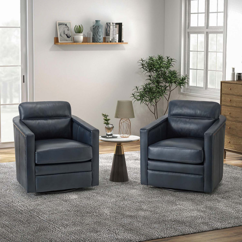 Marion 28.74'' Wide Genuine Leather Swivel Chair (Set of 2), Navy Genuine Leather