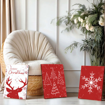 Ensemble de 3 affiches murales encadrées, décorations murales sur toile « Joyeux Noël », avec tête de renne rouge et blanche, flocon de neige et sapin de Noël. Décor moderne pour le salon, la chambre à coucher ou le bureau. Idée-cadeau de Noël festive.