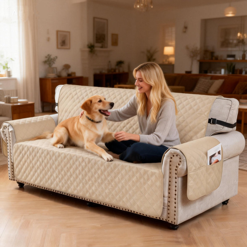 Housse de canapé réversible hydrofuge pour chien avec sangles élastiques, 80 po x 123 po, beige, Beige
