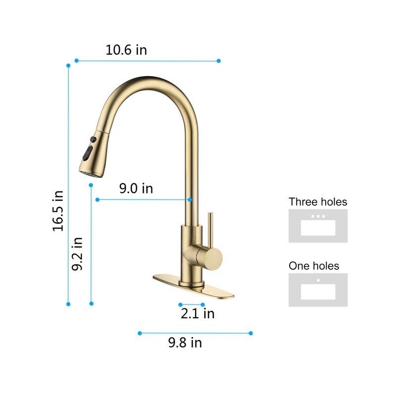 Robinet d'évier de cuisine à poignée simple en or brossé avec douchette rétractable, fabrication en acier inoxydable, buse à grande arche rotative à 360 °, levier pour la gestion de l'eau, surface de corrosion, aérateurs à bulles