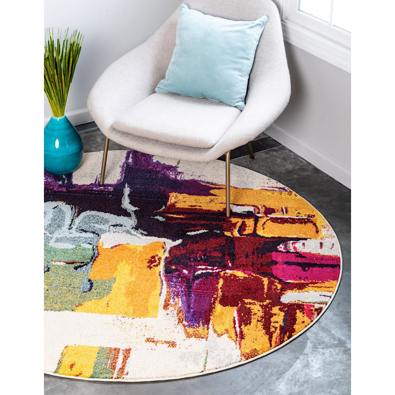 Auyeung Washable Abstract Indoor Rug, Round 8'