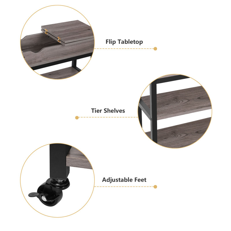 Solid Wood Top End Table and Built-In Outlets, Gray