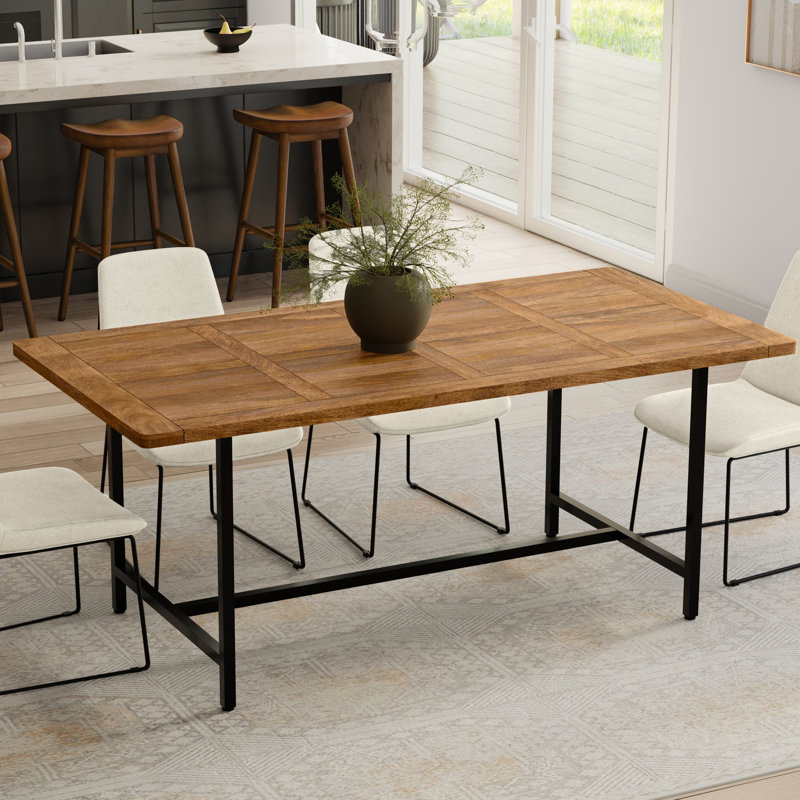 Campbell 72"W Mango Wood Industrial Dining Table, Powder-Coated Metal Base, Rectangle, Burnt Wax