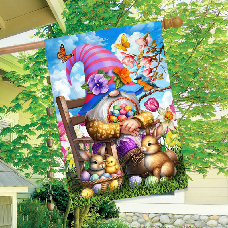 Drapeau de Pâques, maison de gnome, Pâques bleu/violet/rose