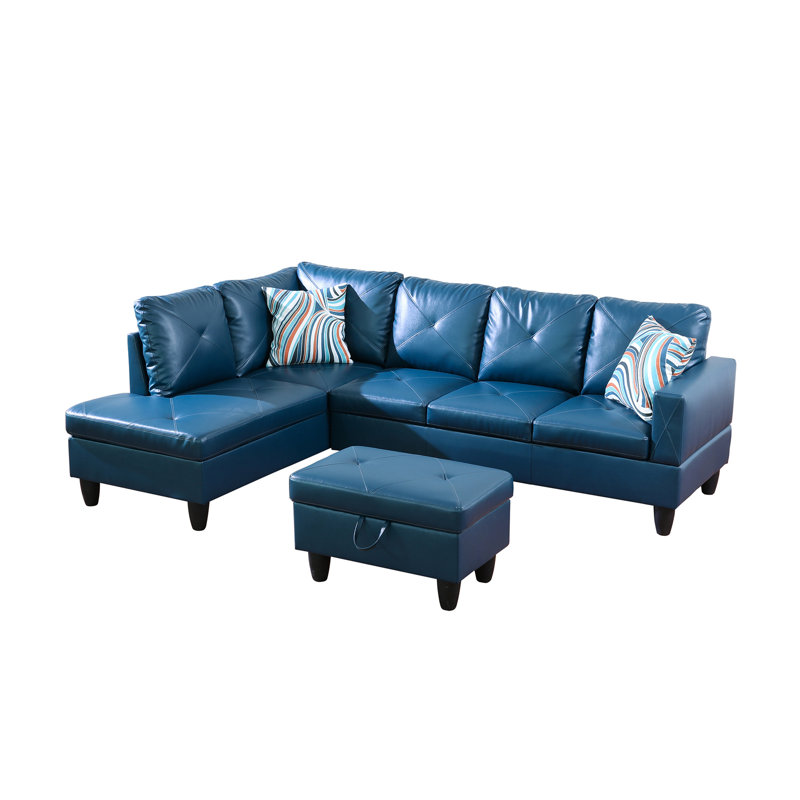 Krunoslav 3 - Piece Faux Leather Sofa & Chaise, Left Hand Facing, Black, Blue Faux Leather