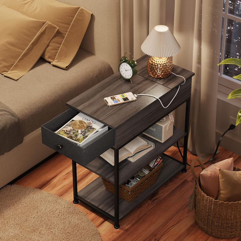 Narrow Side Table With Charging Station, End Table, Couch Table With Fabric Drawer For  For Living Room, Bedroon, Grey
