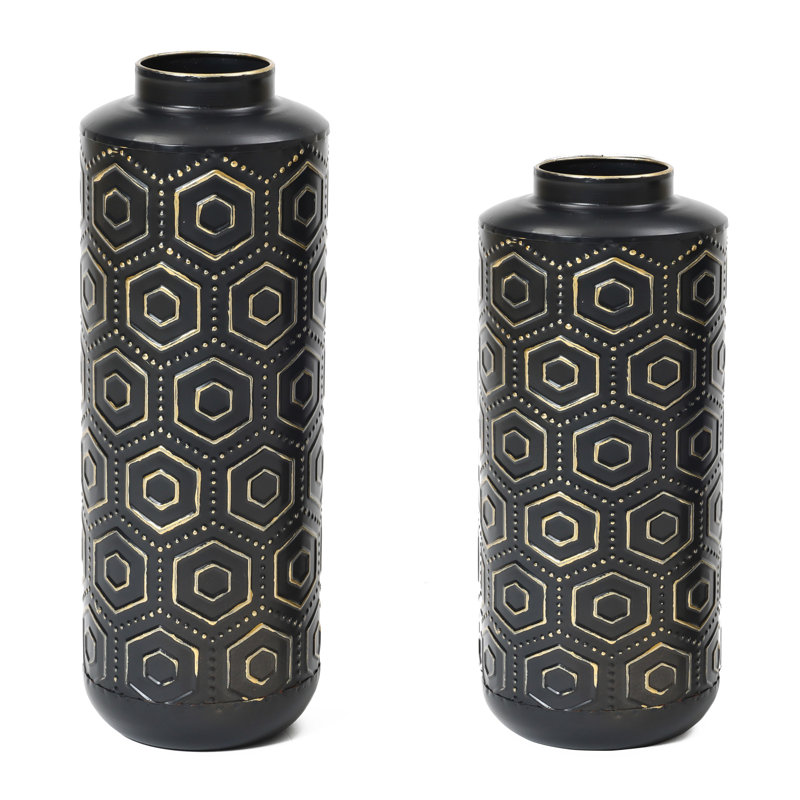 2-Piece Modern Geometric Metal Black Vases for Home Decor