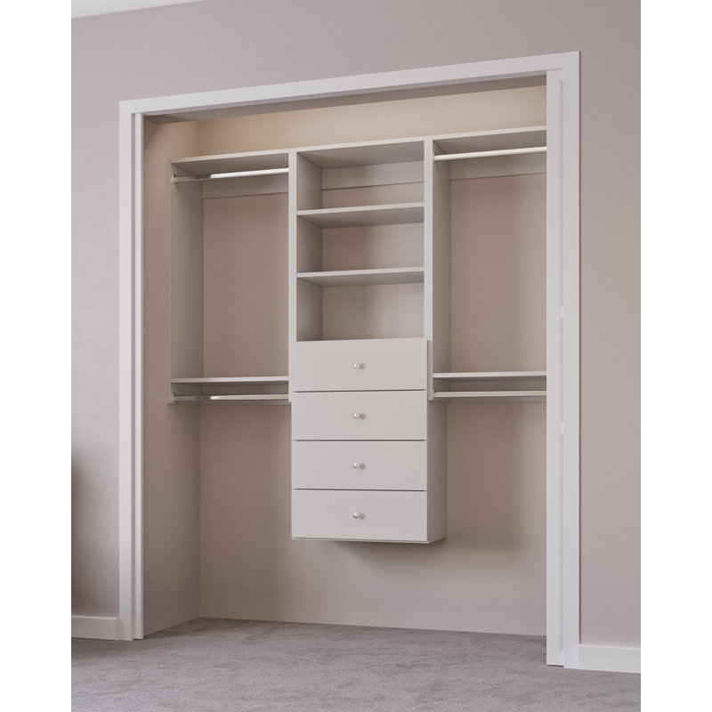 White Modular Closet System with Shelves, Drawers, and Hanging Rods