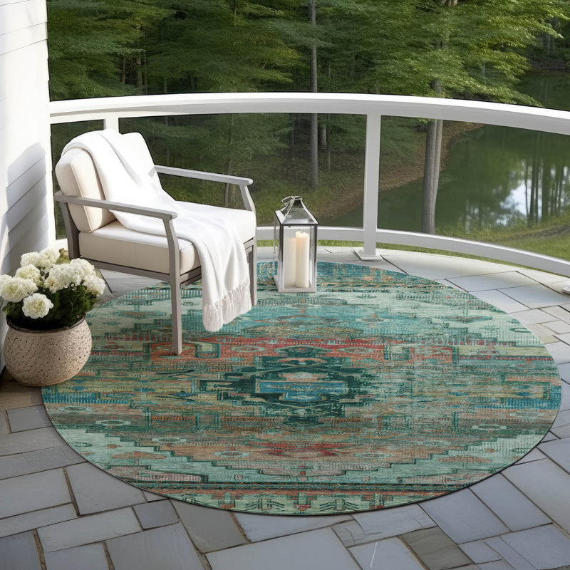 Machine Washable Indoor/Outdoor Xhevrie Teal Rug, Round 8'