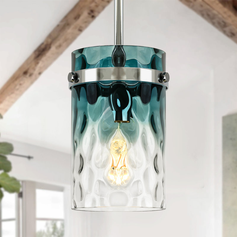 Luminaire suspendu pour îlot de cuisine 1 lumière Levona, verre d'eau bleu dégradé soufflé à la main, réglable en hauteur (finition chromée)