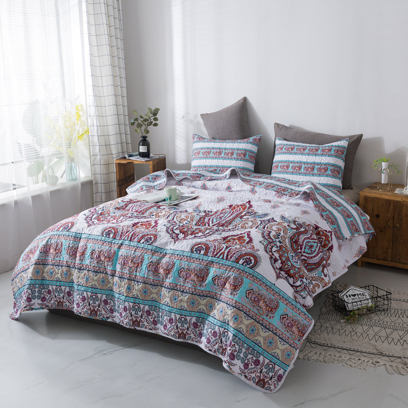 Ensemble de couvre-lit / couvre-lit réversible en microfibre crème / rouge / bleu 3 pièces