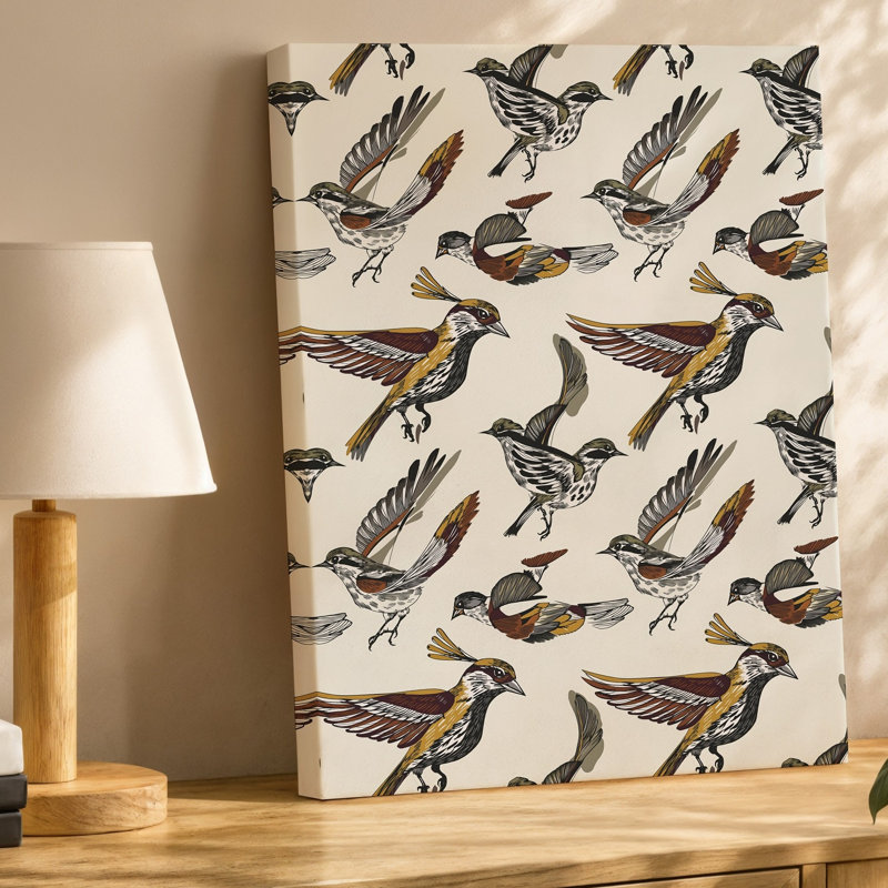 La toile crée un motif sans couture mettant en vedette une variété d'oiseaux stylisés en vol mettant en vedette des lignes complexes et des toiles détaillées