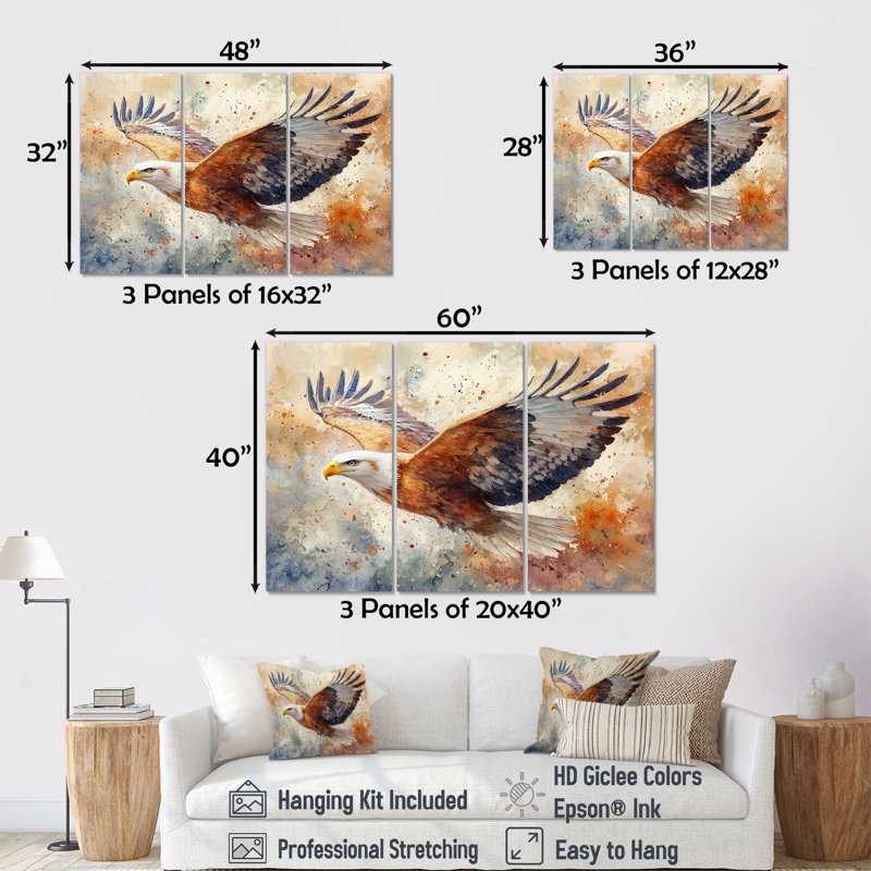 Brun, jaune, audacieux, aigle, vol d'oiseau, Toile tendue, H 40 po x l 60 po x P 1 po