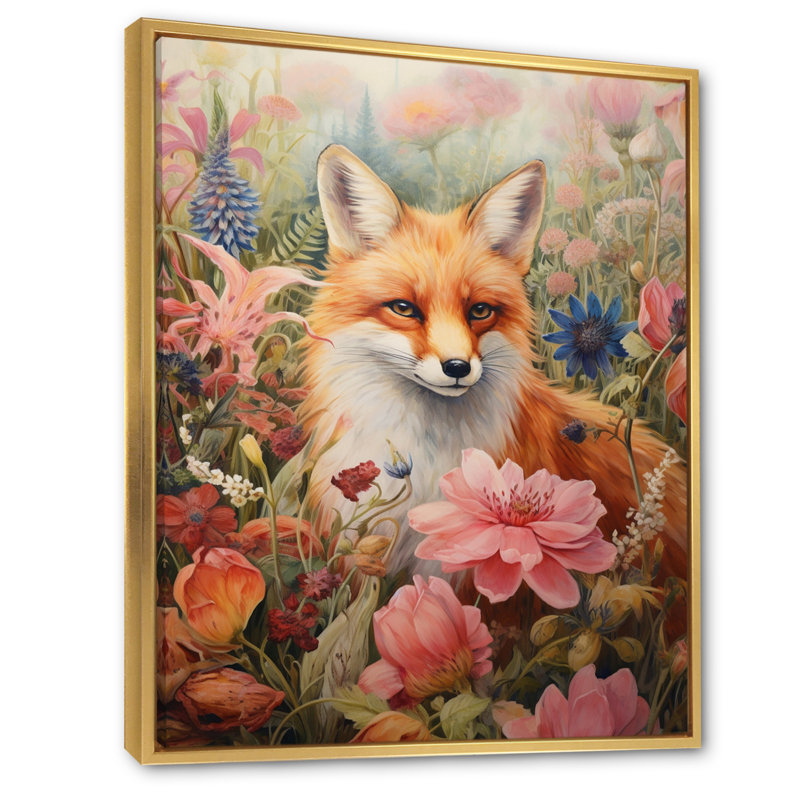 Mignon renard orange dans un champ de fleurs, H 20 po x l 12 po x P 1 po, Cadre flottant doré