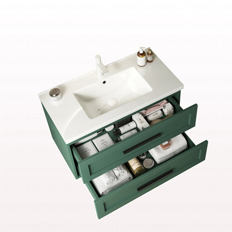 Meuble-lavabo 36 po avec lavabo, meuble-lavabo mural moderne avec 2 tiroirs (sans armoire latérale), lavabo en céramique blanc sans robinet, couleur verte