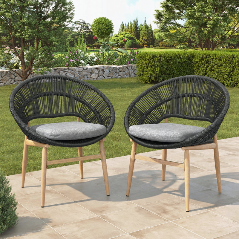 Chaise d'extérieur en osier, ensemble de 2, Coussin gris / cadre gris foncé