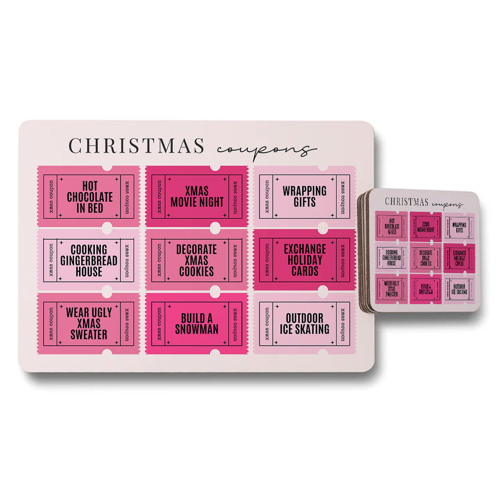 Christmas Coupons Placemats And Coaster Set With Pink Design