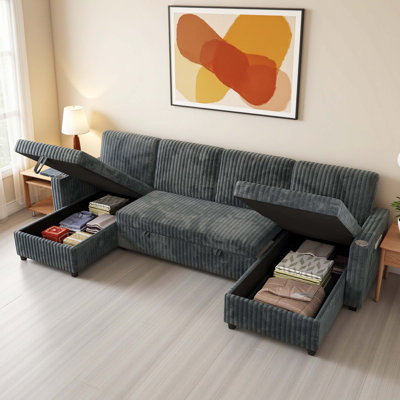 110.63-Inch Oversized U-Shaped Sleeper Sofa, 2-In-1 Pull-Out Bed Design, Sectional Sleeper With Double Storage Chaise For Living Room, Corduroy Fabric, Gray