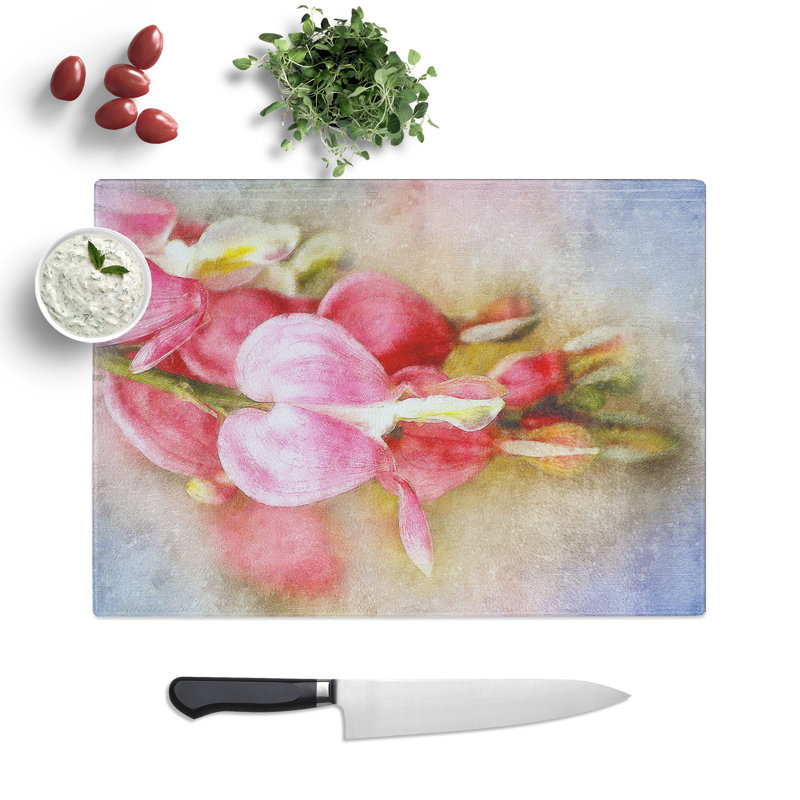 Tempered Glass Pink Bleeding Heart Flowers Chopping Board, 28.5 cm x 39 cm
